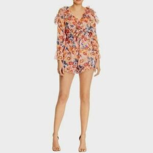 Aqua Romper Pink Floral Cold Shoulder Ruffle Open Back V Neck Long Sleev…